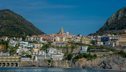 April 15 2022-salerno italy view from the ferry of the city with the sea 