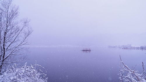 Scenic view of lake against sky during winter