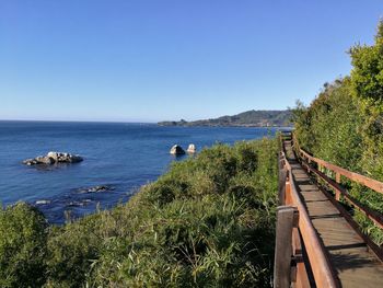 Scenic view of sea against clear blue sky