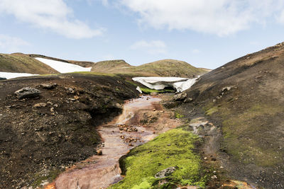 View of amazing landscape in iceland while trekking famous laugavegur trail