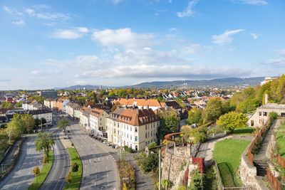 High angle shot of townscape against sky