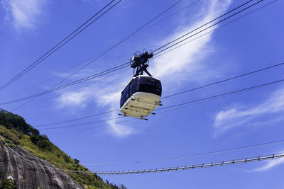 Low angle view of overhead cable cars against sky