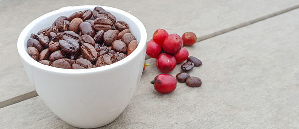 High angle view of fruits in bowl on table