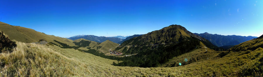 Scenic view of mountains against clear blue sky