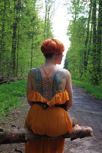 Rear view of woman standing in forest