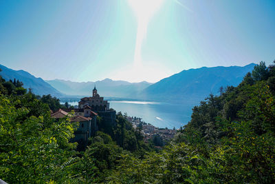 Panoramic view of buildings and mountains against clear sky