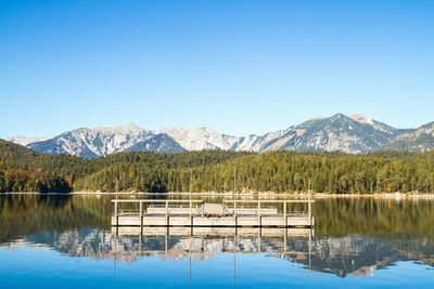 Calm lake in front of mountains against clear blue sky