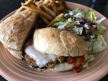 Close-up of burger in plate