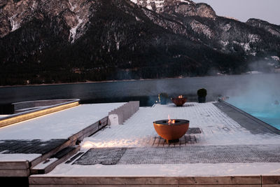 High angle view of food on table by swimming pool