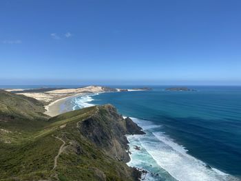 Scenic view of sea against clear blue sky