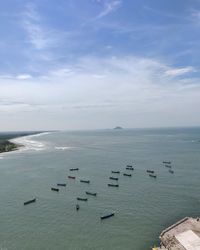 High angle view of ships on sea against sky