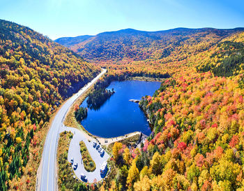 High angle view of trees and mountains against sky