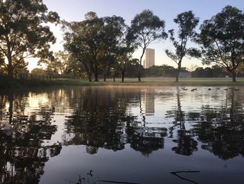 Reflection of trees in lake against sky