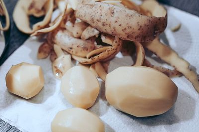 High angle view of mushrooms in plate on table