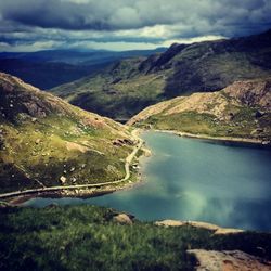 Scenic view of lake against cloudy sky