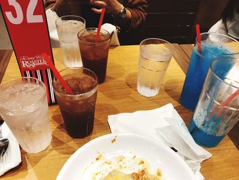 Close-up of wine glasses on table at cafe