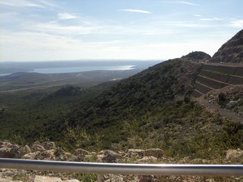 Scenic view of sea and mountains against sky