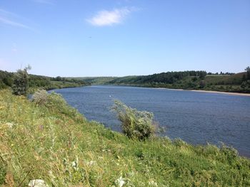 Scenic view of lake against clear blue sky