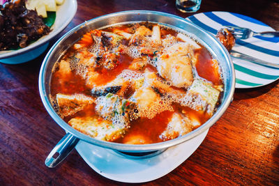 High angle view of food in bowl on table