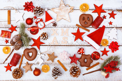 High angle view of christmas decoration on table