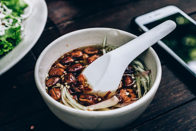 High angle view of food in bowl on table