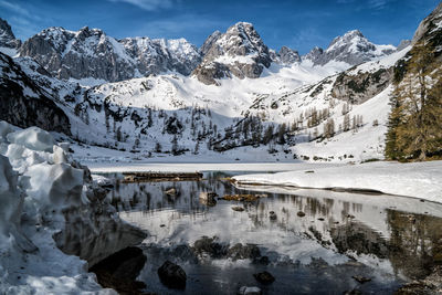 Scenic view of frozen lake by snowcapped mountains against sky