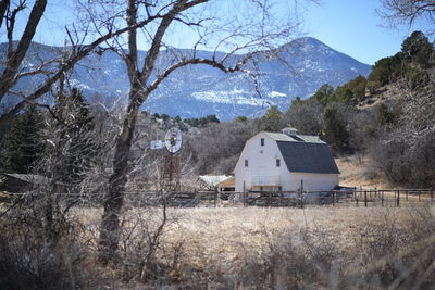 House on field by trees against sky