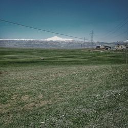 Scenic view of grassy field against cloudy sky