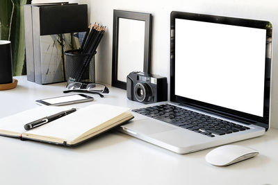 High angle view of laptop on table