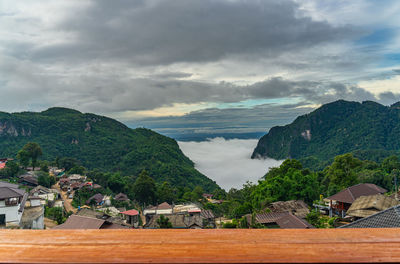 Scenic view of mountains and houses against sky