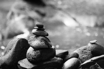 Close-up of stone stack on rock