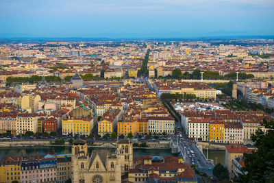 High angle view of buildings in city