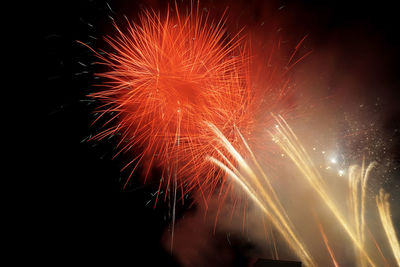 Low angle view of firework display at night