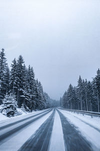 Snow covered road amidst trees in forest against sky