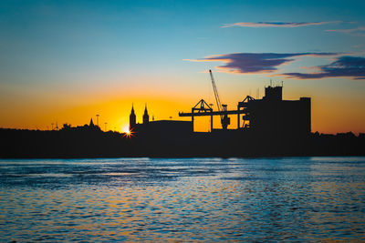 Silhouette of cranes at sunset