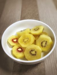 High angle view of fruits in plate on table