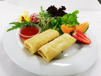 High angle view of breakfast served on table