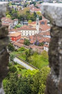 High angle view of townscape by tree in town