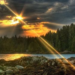 Scenic view of river at sunset