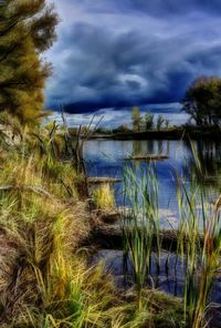 Scenic view of lake against cloudy sky