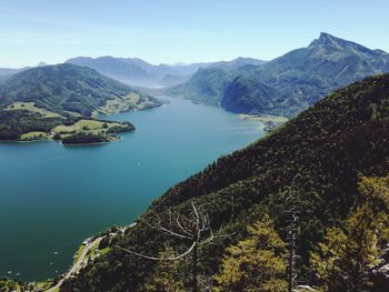 Scenic view of lake and mountains against sky