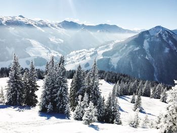 Scenic view of mountains against sky during winter