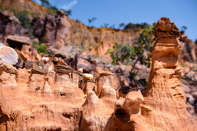 Close-up of rock formation against sky