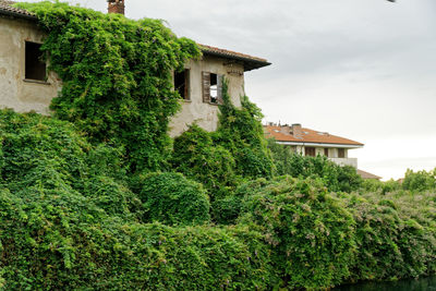 Built structure by trees and building against sky