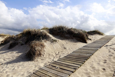 Tilt image of sand dune on beach against sky