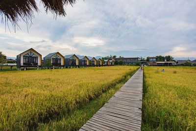 Scenic view of field by houses against sky