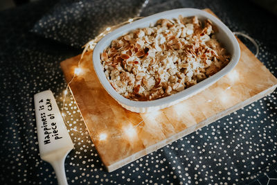 High angle view of apple crumble on table