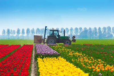 Tractor on field against sky