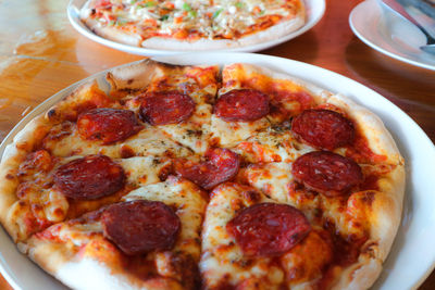 High angle view of pizza on table