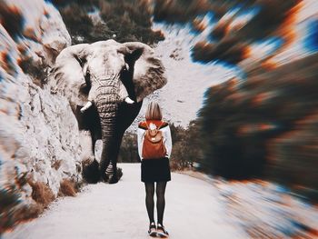 Rear view of woman standing against wall